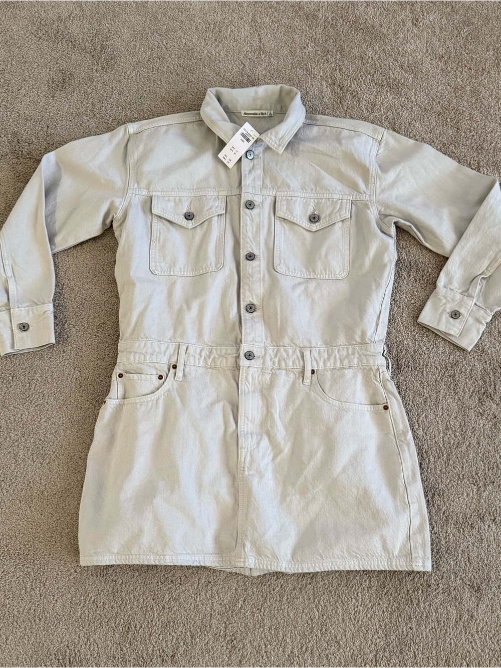 Abercrombie & Fitch Utility Denim Shirt Dress NWT Beige Mini Dress Size Large - Picture 2 of 4